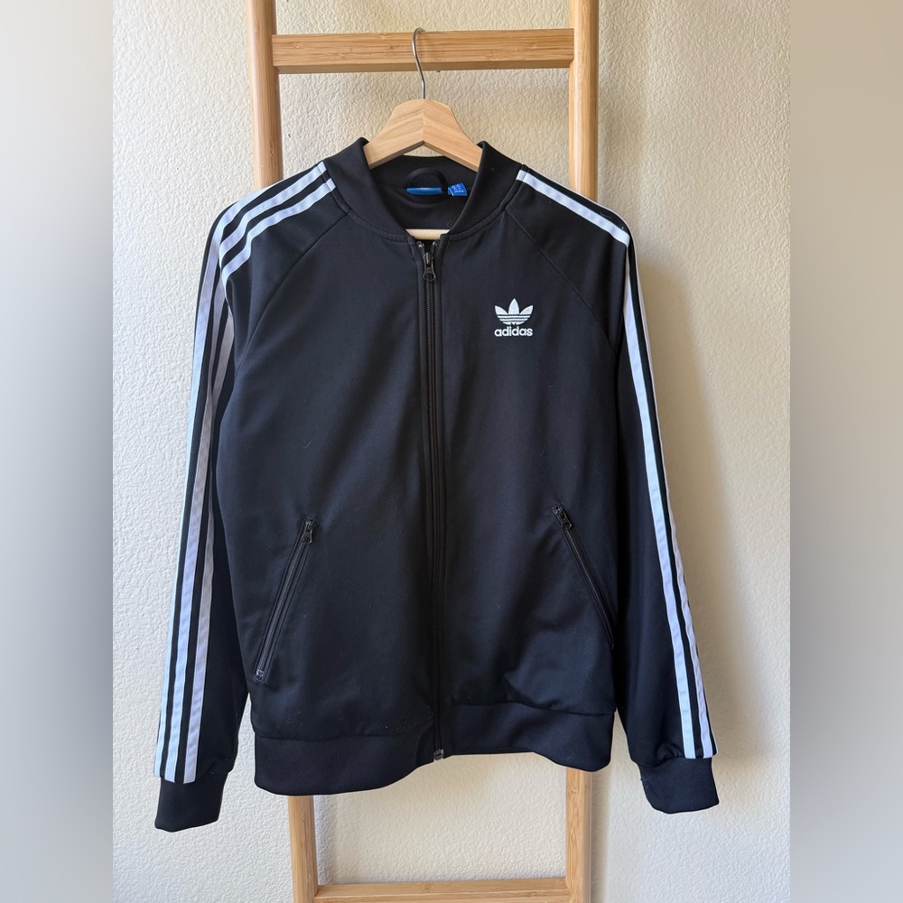 Adidas Black White Striped Bomber Jacket Girls Size M 14